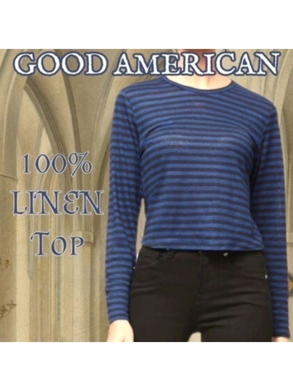 GOOD AMERICAN 100% LINEN Long Sleeve Fitted Blue Stripe Crew Neck Cropped Top-Lg